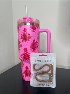 Pink Floral Insulated Tumbler with Handle and Straw and Ryan & Rose Cutie Handle